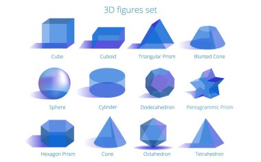 Saydam 3D ilkel seti, web ve baskı dekorasyonu için gerçekçi vektör illüstrasyonu, geometrik yaratıcı tasarım 