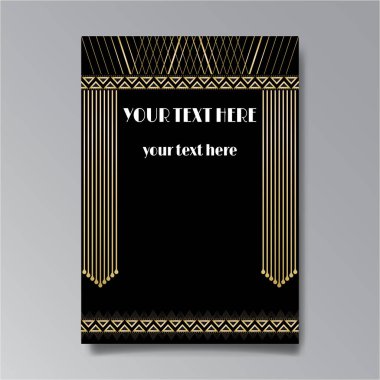Art Deco sayfa şablonu, ağ ve baskı için retro tarzı, altın çizgileri olan geometrik retro desen tasarımı. Modern tasarım menü veya broşür, lüks yirmili yıllar tarzı