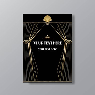 Art Deco zarif sayfa şablonu, Gatsby tarzı ağ ve baskı, ay güneşi ve yıldızların geometrik çizgileriyle klasik desenleri. Davetiye için modern tasarım, lüks altın sarısı arka plan  