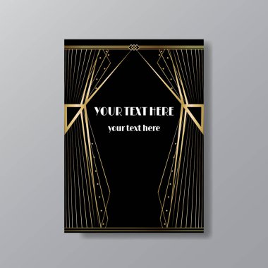 Art Deco zarif sayfa şablonu, Gatsby tarzı ağ ve baskı, ay güneşi ve yıldızların geometrik çizgileriyle klasik desenleri. Davetiye için modern tasarım, lüks altın sarısı arka plan  