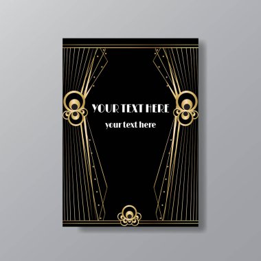 Art Deco zarif sayfa şablonu, Gatsby tarzı ağ ve baskı, ay güneşi ve yıldızların geometrik çizgileriyle klasik desenleri. Davetiye için modern tasarım, lüks altın sarısı arka plan  