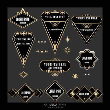 Art Deco / Art Nuvo etiketleri ve çerçeveleri ve nesneleri altın siyah güzel alışveriş etiketleri ve tasarım geometrik ayrıntıları. .