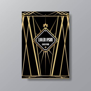 Art Deco zarif sayfa şablonu, Gatsby tarzı ağ ve baskı, ay güneşi ve yıldızların geometrik çizgileriyle klasik desenleri. Davetiye için modern tasarım, lüks altın sarısı arka plan  