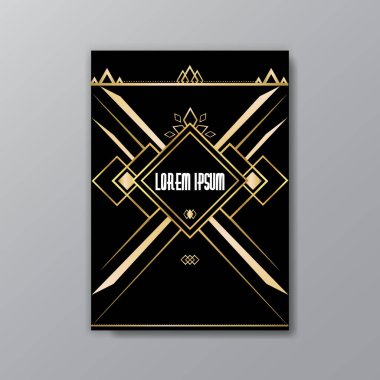 Art Deco zarif sayfa şablonu, Gatsby tarzı ağ ve baskı, ay güneşi ve yıldızların geometrik çizgileriyle klasik desenleri. Davetiye için modern tasarım, lüks altın sarısı arka plan  