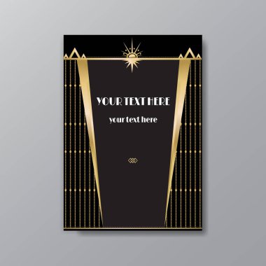 Art Deco zarif sayfa şablonu, Gatsby tarzı ağ ve baskı, ay güneşi ve yıldızların geometrik çizgileriyle klasik desenleri. Davetiye için modern tasarım, lüks altın sarısı arka plan  