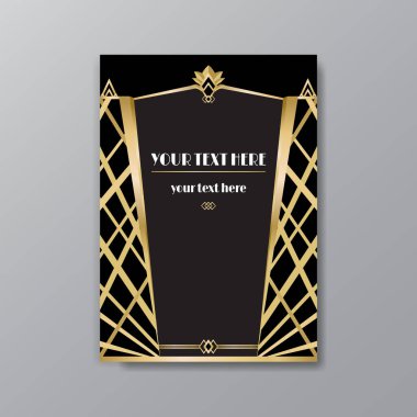 Art Deco sayfa şablonu, ağ ve baskı için retro tarzı, şehir ve altın çizgili ışık deseni. Modern tasarım menü veya broşür, lüks nazik 