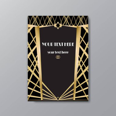 Art Deco sayfa şablonu, ağ ve baskı için retro tarzı, şehir ve altın çizgili ışık deseni. Modern tasarım menü veya broşür, lüks nazik 