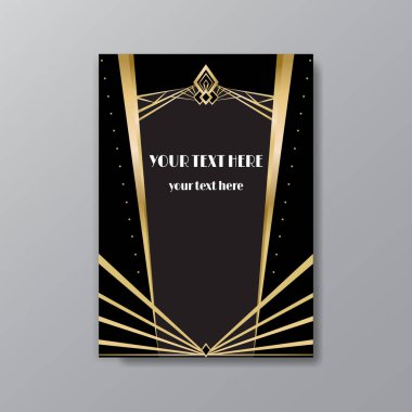 Art Deco sayfa şablonu, ağ ve baskı için retro tarzı, şehir ve altın çizgili ışık deseni. Modern tasarım menü veya broşür, lüks nazik 