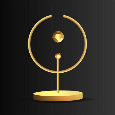 Yüzen geometrik formlara sahip metalik altın çerçeve, yuvarlak platform, gerçekçi minimum arkaplan, ürün sunumu veya maketi için 3D lüks sahne. Vektör İllüstrasyonu