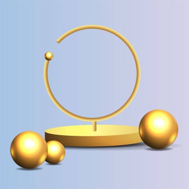 Yüzen geometrik formlara sahip metalik altın sahne, yuvarlak platform, gerçekçi minimum arkaplan, ürün sunumu ya da maketi için pembe ve bebek mavisi üzerinde 3D lüks sahne. Vektör İllüstrasyonu