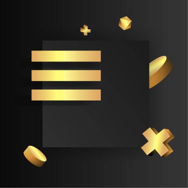 Yüzen geometrik biçimlere sahip metalik altın sahne, kağıt platformlu kare, gerçek minimum arkaplan, ürün sunumu veya maketi için siyah renkli 3D sahne. Vektör İllüstrasyonu