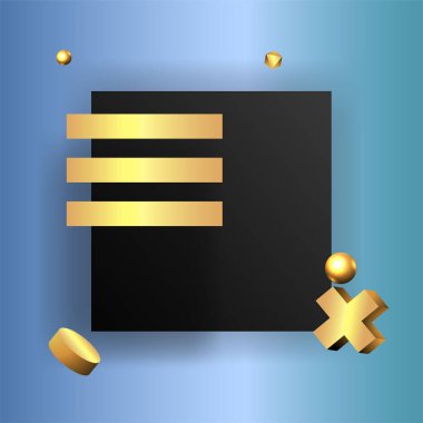 Yüzen geometrik biçimlere sahip metalik altın sahne, kağıt platformlu kare, gerçek minimum arkaplan, ürün sunumu veya maketi için siyah renkli 3D sahne. Vektör İllüstrasyonu