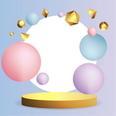 Yüzen geometrik formlara sahip metalik altın sahne, yuvarlak platform, gerçekçi minimum arkaplan, ürün sunumu ya da maketi için pembe ve bebek mavisi üzerinde 3D lüks sahne. Vektör İllüstrasyonu
