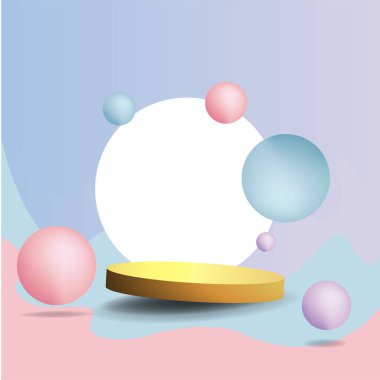 Yüzen geometrik formlara sahip metalik altın sahne, yuvarlak platform, gerçekçi minimum arkaplan, ürün sunumu ya da maketi için pembe ve bebek mavisi üzerinde 3D lüks sahne. Vektör İllüstrasyonu