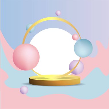 Yüzen geometrik formlara sahip metalik altın sahne, yuvarlak platform, gerçekçi minimum arkaplan, ürün sunumu ya da maketi için pembe ve bebek mavisi üzerinde 3D lüks sahne. Vektör İllüstrasyonu