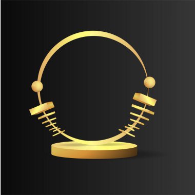 Yüzen geometrik formlara sahip metalik altın sahne, yuvarlak platform, gerçekçi minimum arkaplan, ürün sunumu veya maketi için siyah üzerine üç boyutlu lüks sahne. Vektör İllüstrasyonu