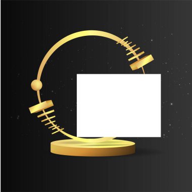 Yüzen geometrik formlara sahip metalik altın sahne, yuvarlak platform, gerçekçi minimum arkaplan, ürün sunumu veya maketi için siyah üzerine üç boyutlu lüks sahne. Vektör İllüstrasyonu