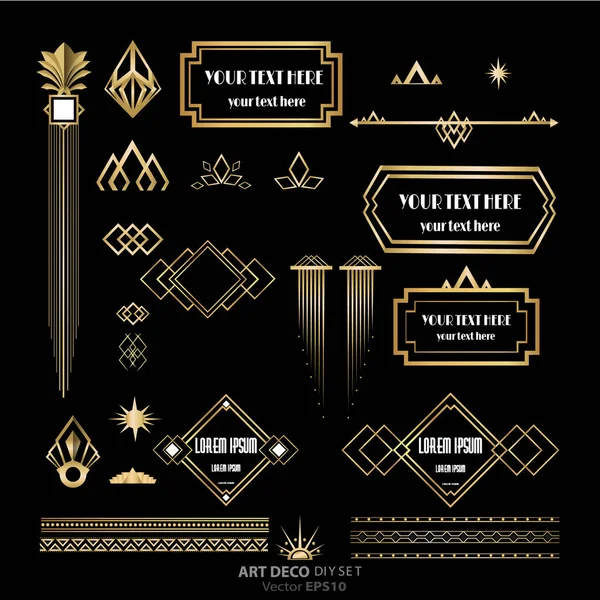 Art Deco / Art Nuvo etiketleri ve çerçeveleri ve nesneleri altın siyah güzel alışveriş etiketleri ve tasarım geometrik ayrıntıları. .