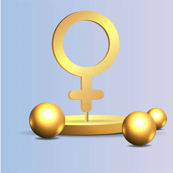 3D金色现实的女性符号 具有飞行几何图形的女性金属符号创意设计 矢量说明 — 图库矢量图片
