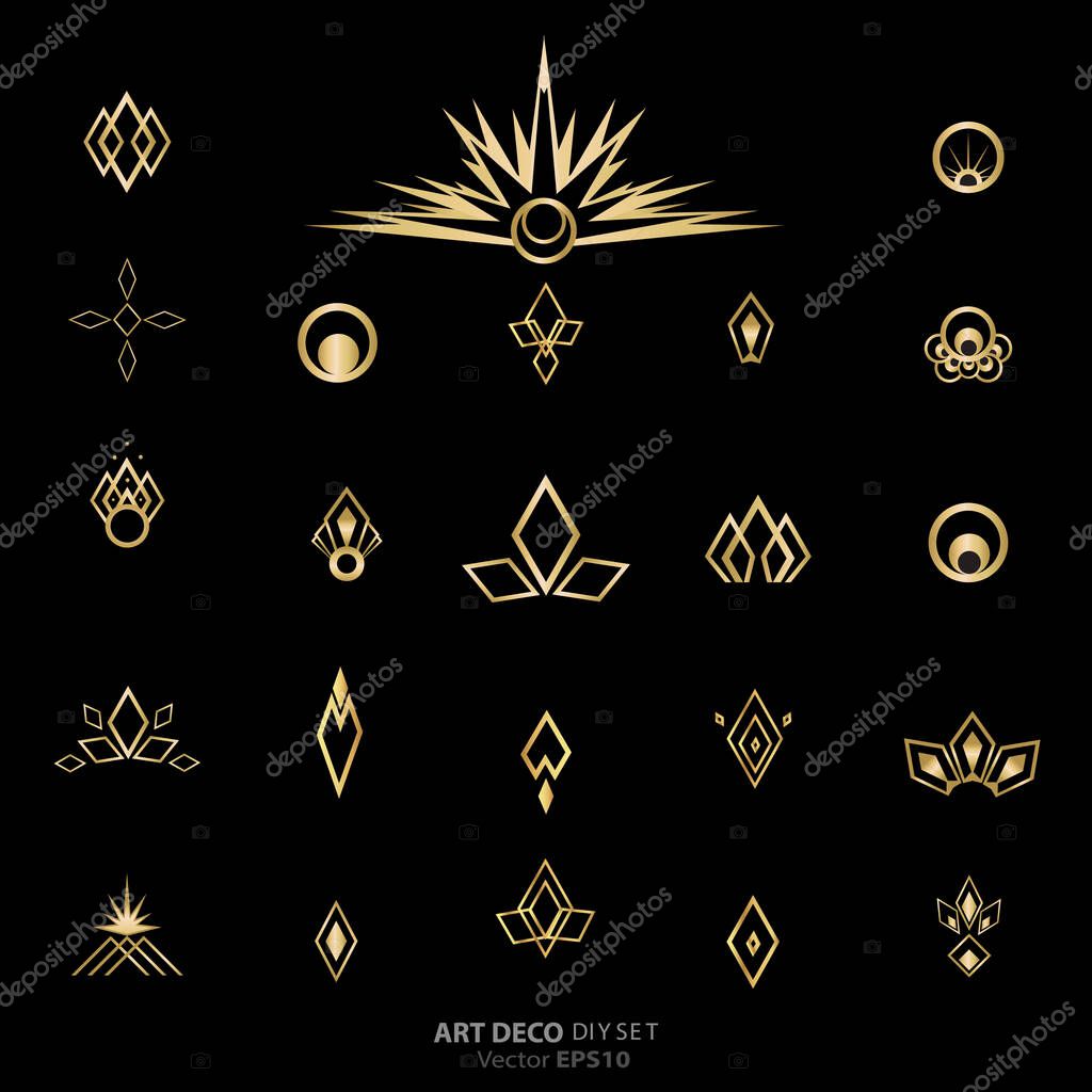 Art deco/Art nuvo diy vector golden black elegant  set of objects for print and web. Creative illustration.