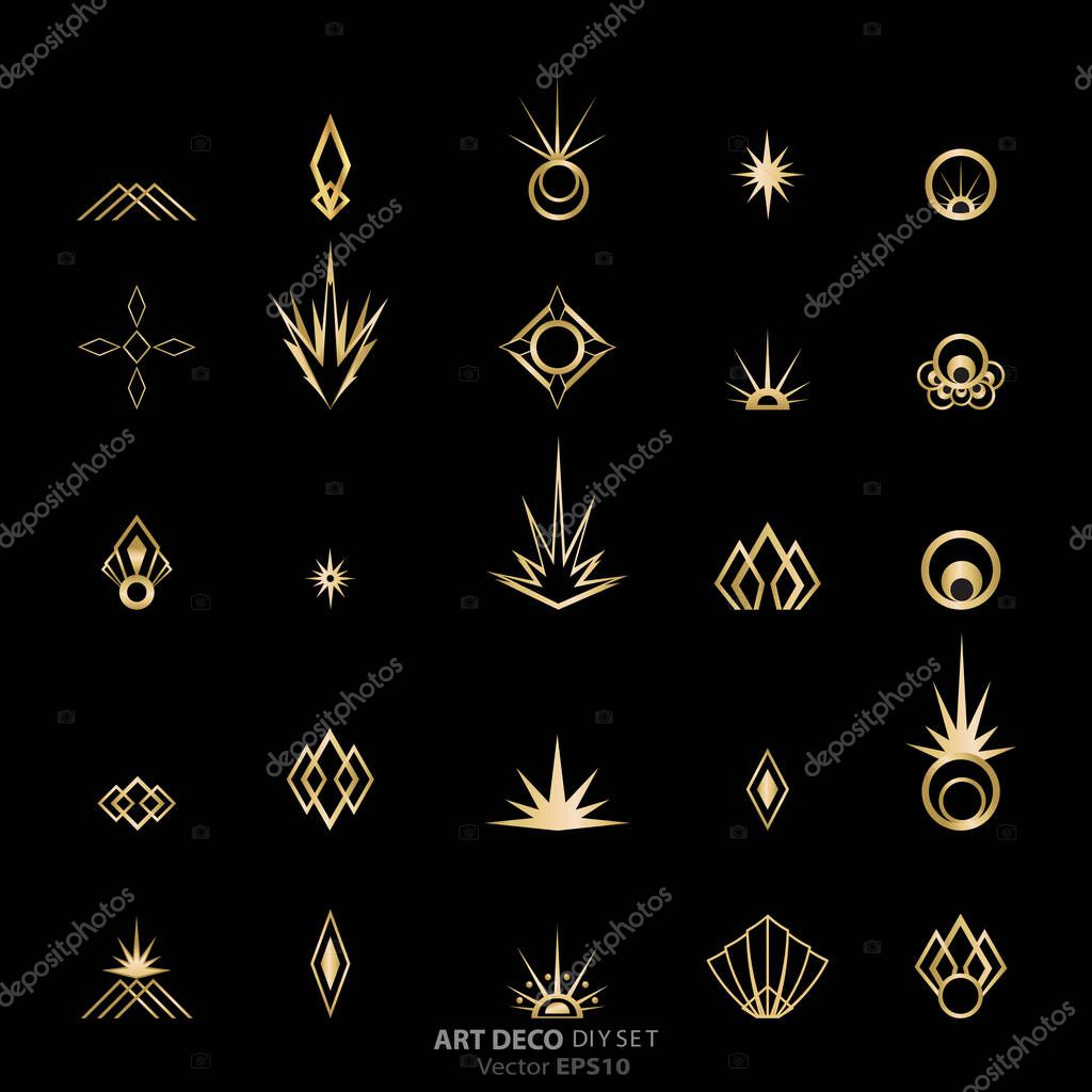 Art deco/Art nuvo diy vector golden black elegant  set of objects for print and web. Creative illustration.