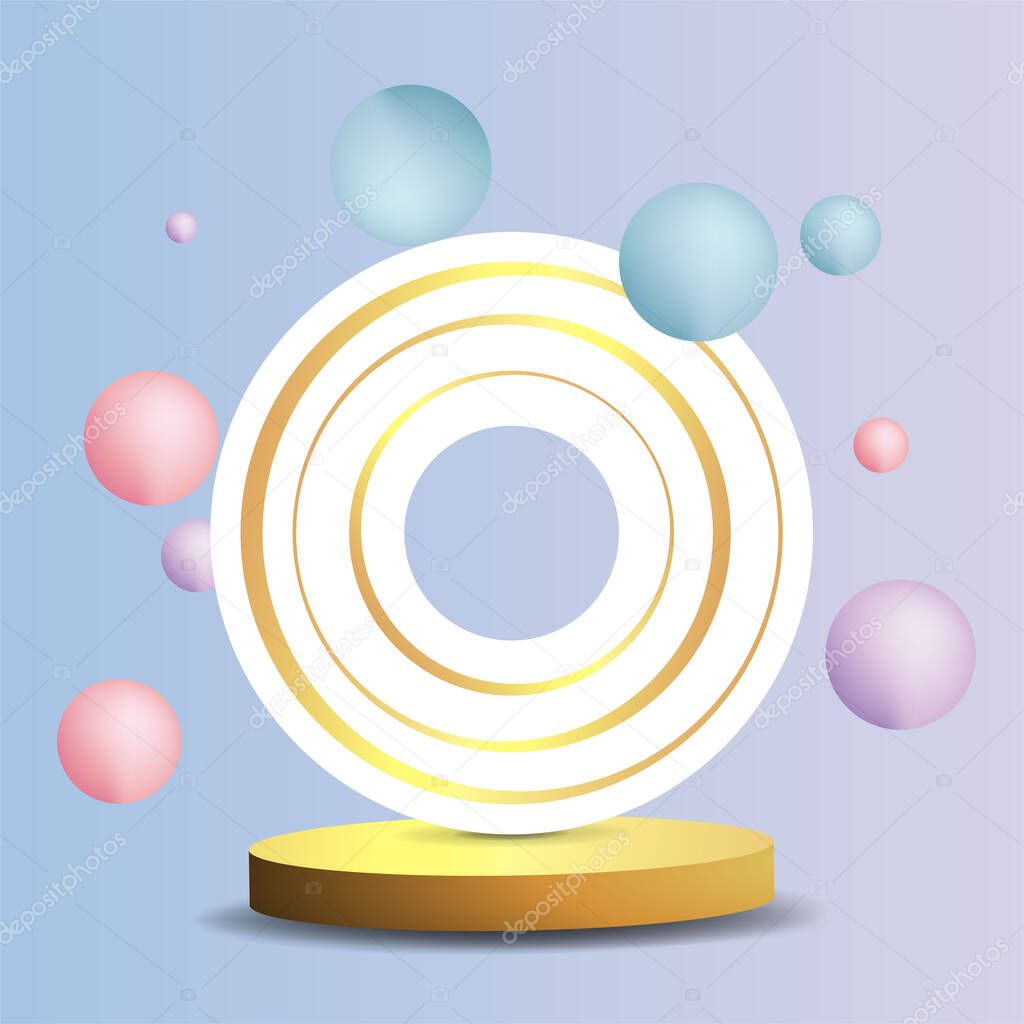 Metallic golden stage with floating geometrical forms, round platform, realistic minimal background, 3d luxury scene on pink and baby blue for product presentation or mockup. Vector Illustration