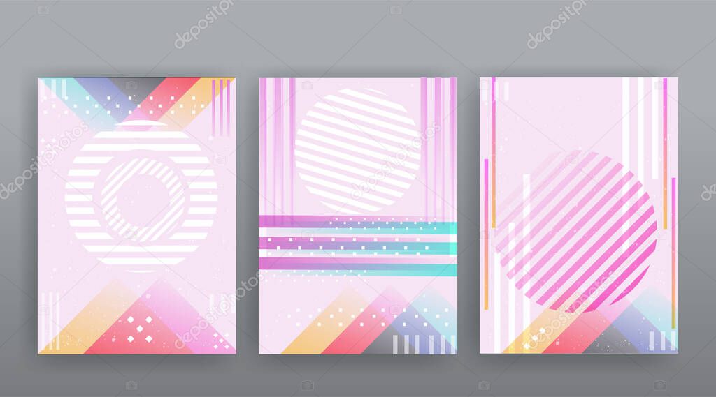 Chaos abstract geometric covers design. Cool halftone shiny gradients templates set. Fluid shapes poster composition. Retro futuristic creative 90s and 80s style. Modern flyers, banners and labels