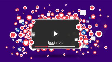 Video ekran oynatma düğmesi, Streaming Preview şablonu, 3d beğeni ve kalbi olan, mutlu canlı, sosyal medya konsepti medya simgeleri, sohbet kutusu ve yaratıcı tasarım, şirin multimedya vektörü