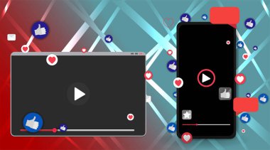 Video ekran oynatma düğmesi, Streaming Preview şablonu, 3D, beğeni ve kalbi olan, mutlu canlı, sosyal medya konsepti medya simgeleri, sohbet kutusu ve yaratıcı tasarım, şirin cep telefonu ve izleme vektörü