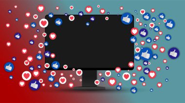 Video ekran oynatma düğmesi, Streaming Preview şablonu, 3d beğeni ve kalbi olan, mutlu canlı, sosyal medya konsepti medya simgeleri, sohbet kutusu ve yaratıcı tasarım, şirin multimedya vektörü