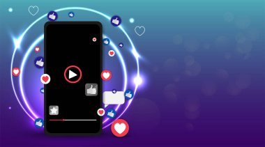 Video ekran oynatma düğmesi, Streaming Preview şablonu, 3d beğeni ve kalbi olan, mutlu canlı, sosyal medya konsepti medya simgeleri, sohbet kutusu ve yaratıcı tasarım, şirin cep telefonu vektörü