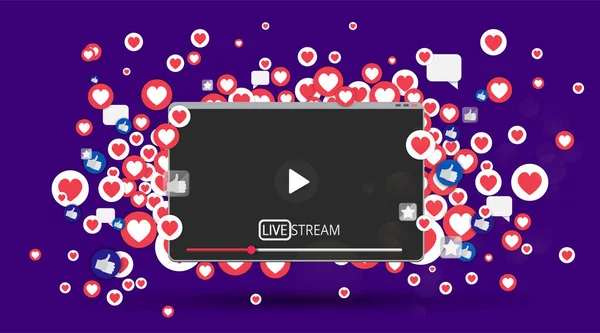 Video ekran oynatma düğmesi, Streaming Preview şablonu, 3d beğeni ve kalbi olan, mutlu canlı, sosyal medya konsepti medya simgeleri, sohbet kutusu ve yaratıcı tasarım, şirin multimedya vektörü
