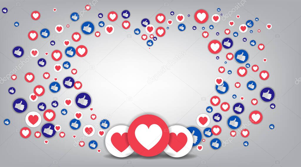 Like abstract background,  preview template, 3d with likes  hearts, happy live, social media concept with media icons , creative design, cute cartoon vector