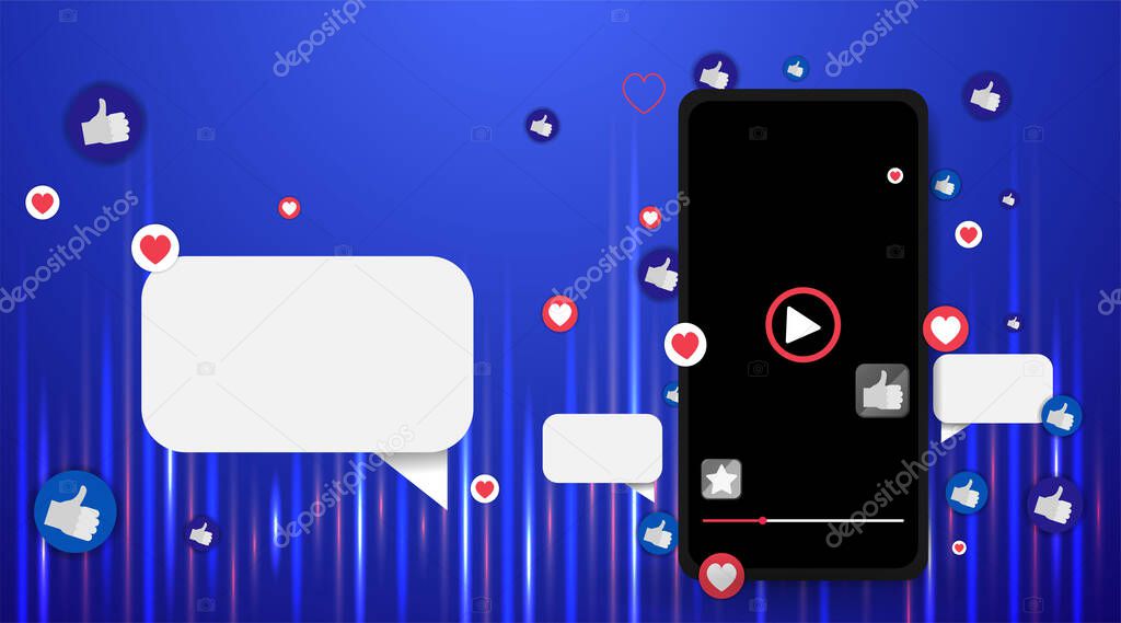 Video screen play button, Streaming preview template, 3d with likes and hearts, happy live, social media concept with media icons, chat box and , creative design, cute mobile phone vector