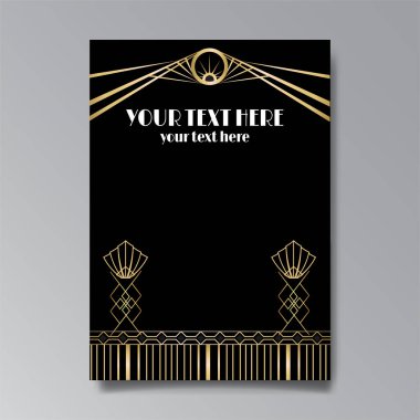 Art Deco sayfa şablonu, ağ ve baskı için retro tarzı, altın çizgileri olan geometrik retro desen tasarımı. Modern tasarım menü veya broşür, lüks yirmili yıllar tarzı