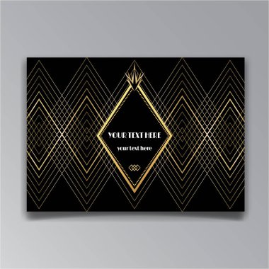 Art Deco sayfa şablonu, ağ ve baskı için retro tarzı, altın çizgileri olan geometrik retro desen tasarımı. Modern tasarım menü veya broşür, lüks yirmili yıllar tarzı