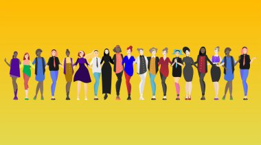 Farklı kadınlar. Dünya çapında çeşitli uluslararası kadınlar oluşur. Çeşitli kültürlerde genç ve yetişkin, Arapça, Amerikalı, Afrikalı, Avrupalı, Hintli ve daha fazlası bulunmaktadır. Web ve yazdırma dekorasyonu için.