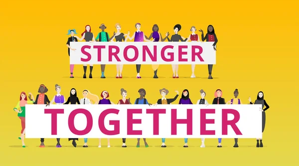 Starkare Tillsammans Slogan Med Olika Kvinnor Många Kvinnor Står Tillsammans — Stock vektor
