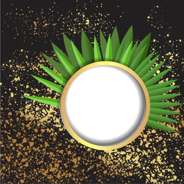 Palmiye yaprakları, gerçekçi, yuvarlak platform ve gerçekçi çerçeve minimum arkaplanlı metalik altın sahne, ürün sunumu veya maketi için 3D sahne. Satış promosyon podyumu, kazanan, reklamcılık.