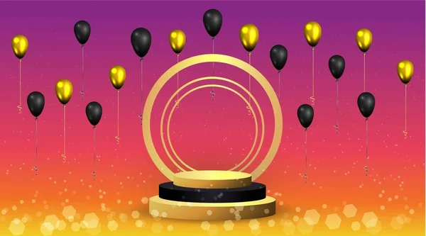 Escenario Dorado Metálico Con Globos Aéreos Plataforma Redonda Marco Realista — Vector de stock