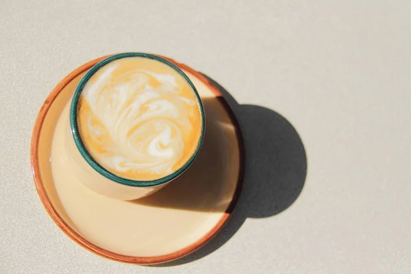 Vista Superior Café Con Leche Caliente Con Arte Latte Una — Foto de Stock