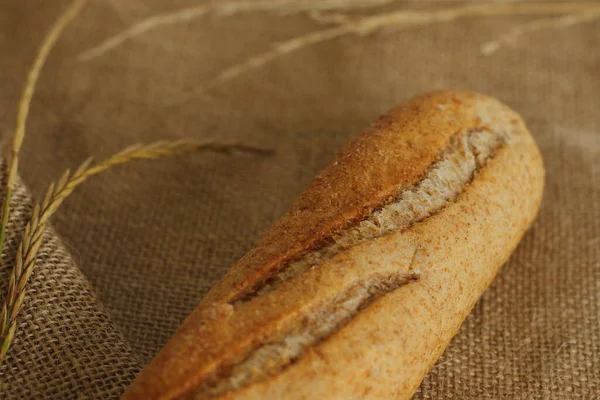 Franse Stokbrood Zak Materiaal Vers Brood Jute — Stockfoto