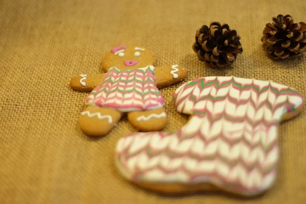 Traditional gingerbread for Christmas eve, sweet decoration for new year, homemade cookies for celebration, copy space