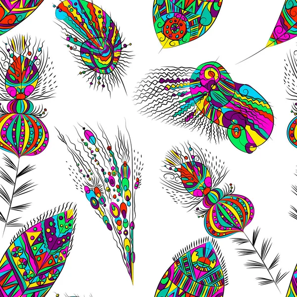 Patrón Colores Sin Costuras Adorno Diseño Fantásticas Flores Plumas — Vector de stock