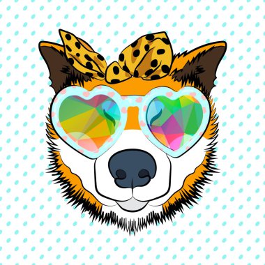 Komik grafik. Gözlük ve yay başını Japon köpek. Serin yaz vektör yazdırma.