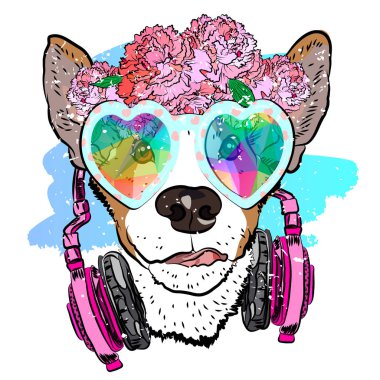 Yaz yazdırma. Kafasında çelenk ile mutlu köpek. Komik doodle.