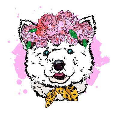 Çiçek çelenk içinde köpek yavrusu malamute. Köpek ile yazdırın. Vektör çizim.