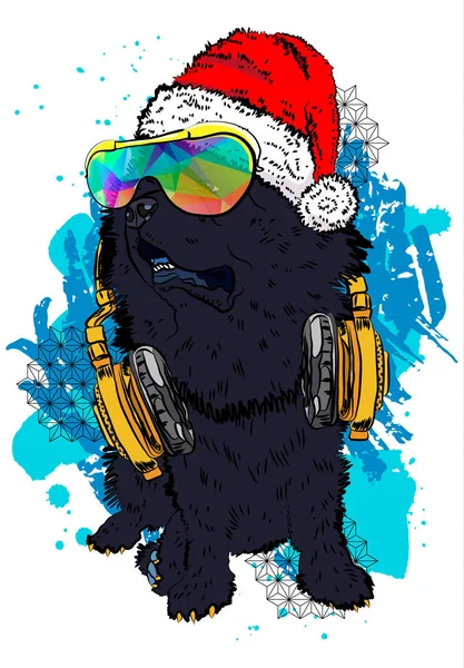Χέρι Εικονογράφηση Του Σκύλου Στο Χριστουγεννιάτικο Καπέλο Σκίτσο Του Χειμώνα — Διανυσματικό Αρχείο