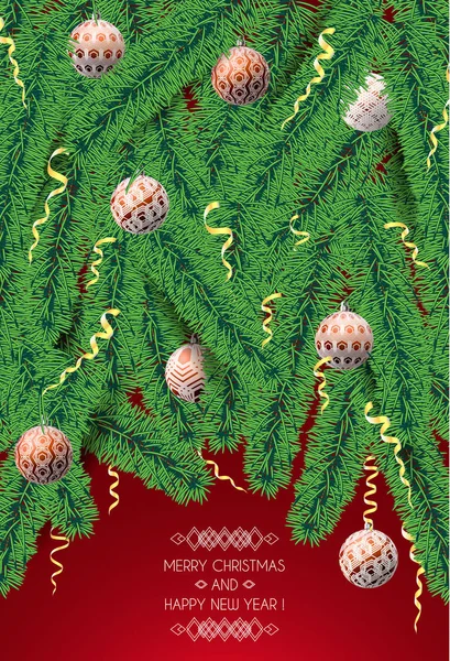 新年的垂直海报与云杉树枝装饰几何球和金色蛇纹石 — 图库矢量图片