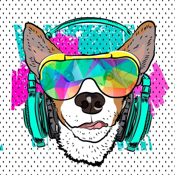Frecher Hund Mit Brille Und Kopfhörer Auf Dem Shirt Vektor — Stockvektor
